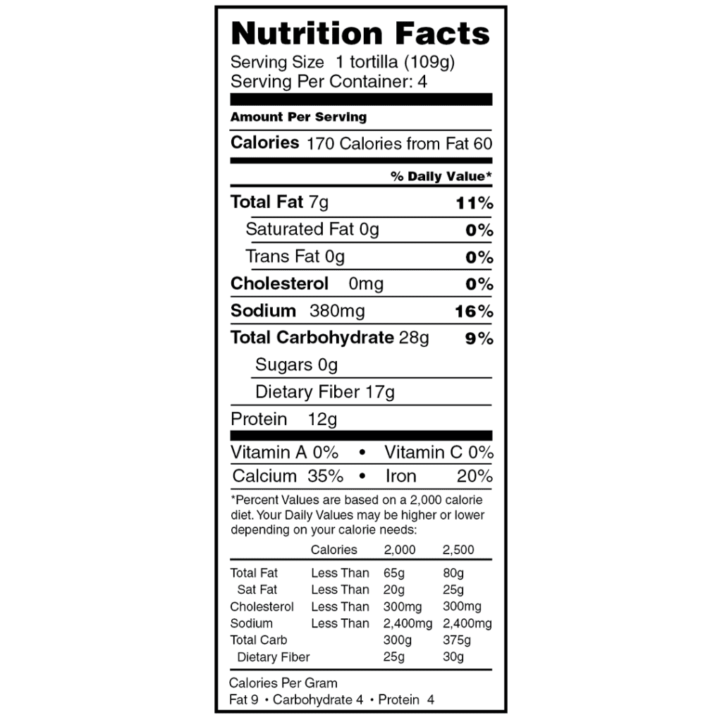 mr. tortilla obad tortillas nutrition facts